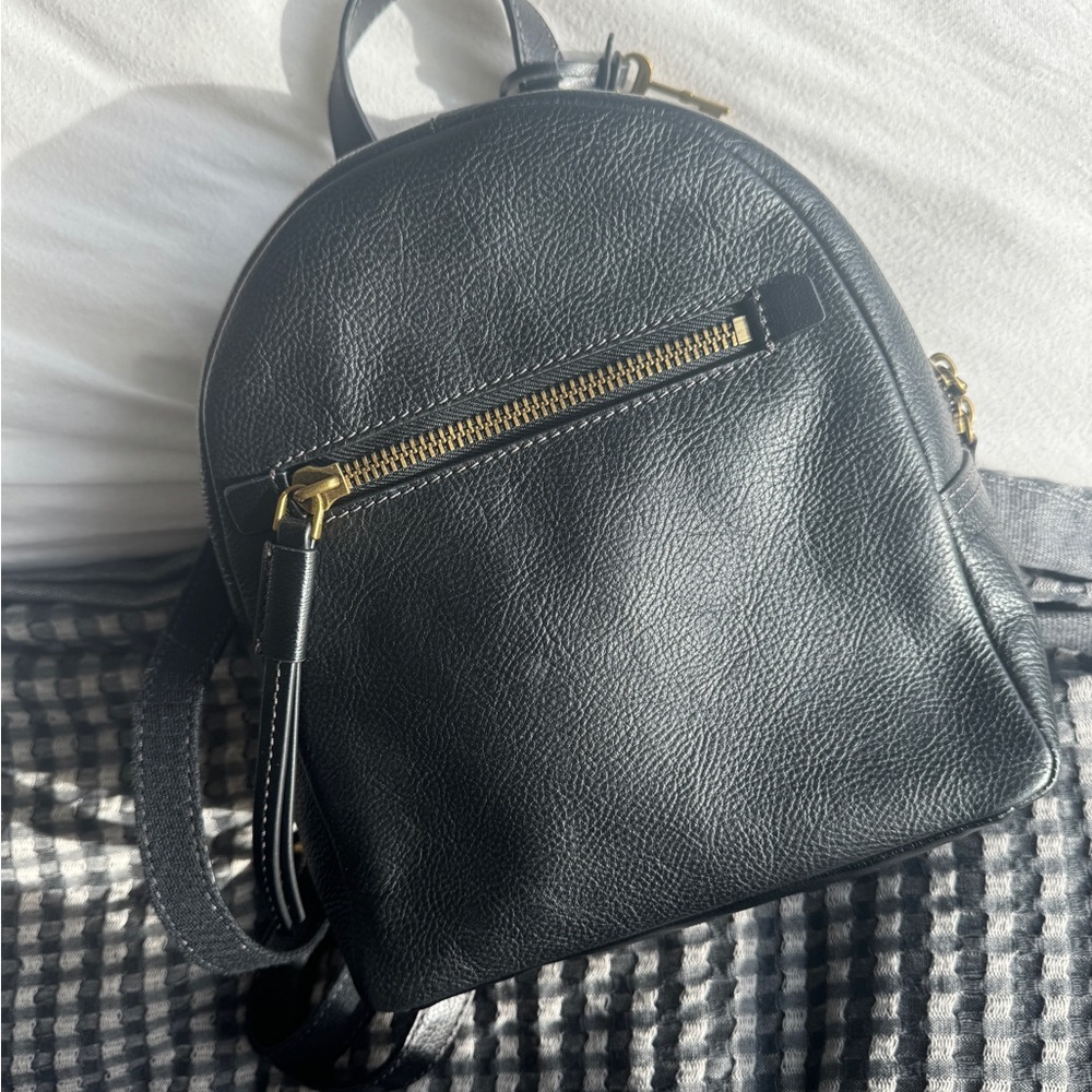 Fossil Black Mini Leather Backpack with Gold Accents